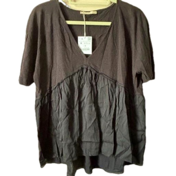 🥰2/$20 NEW ZARA Sz M Y2K Black Linen Cotton Babydoll Empire Waist Boho Blouse - Picture 1 of 9